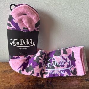 Von Dutch 3-Pack Women’s Pink and Purple Crew Socks with Logo NWT
